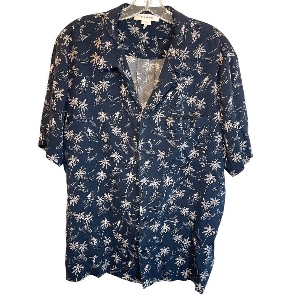 Frame MENS button up dress shirt XL black white Hawaiian floral camp palm trees